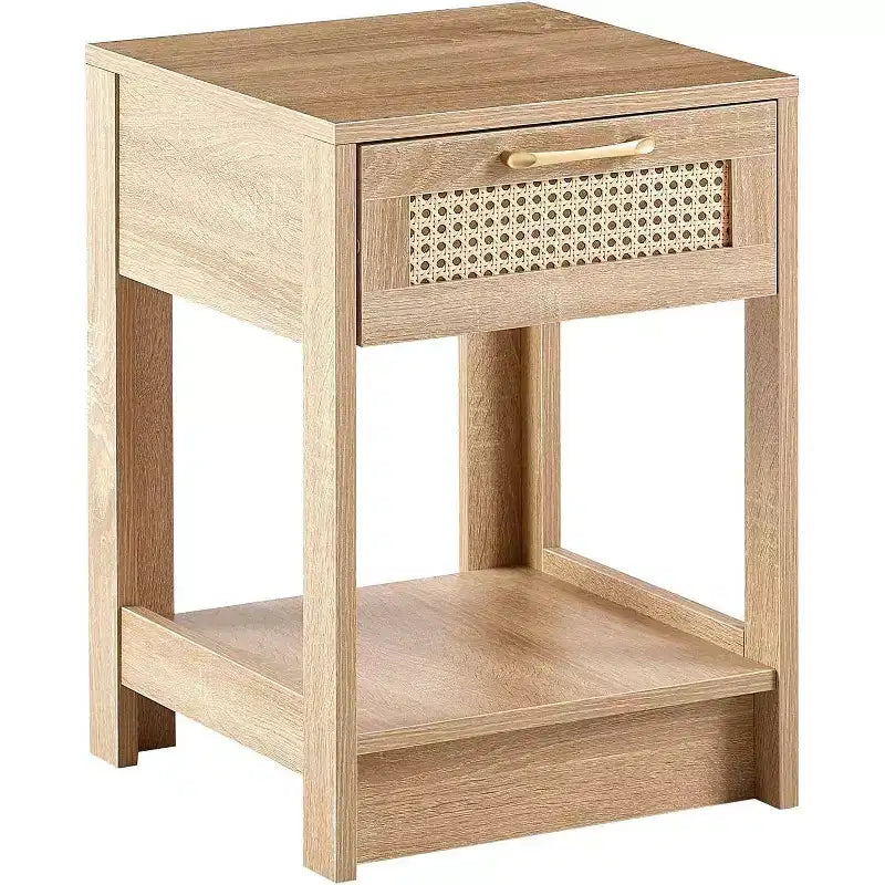 Rattan Nightstand with Lift-Top and Open Storage, Mid Century Modern End Table with Retro Handle for Bedroom and Living Room