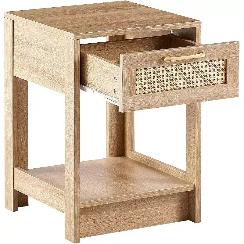 Rattan Nightstand with Lift-Top and Open Storage, Mid Century Modern End Table with Retro Handle for Bedroom and Living Room