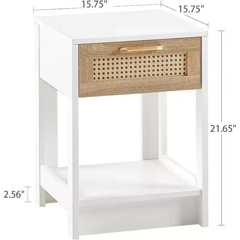 Rattan Nightstand with Lift-Top and Open Storage, Mid Century Modern End Table with Retro Handle for Bedroom and Living Room