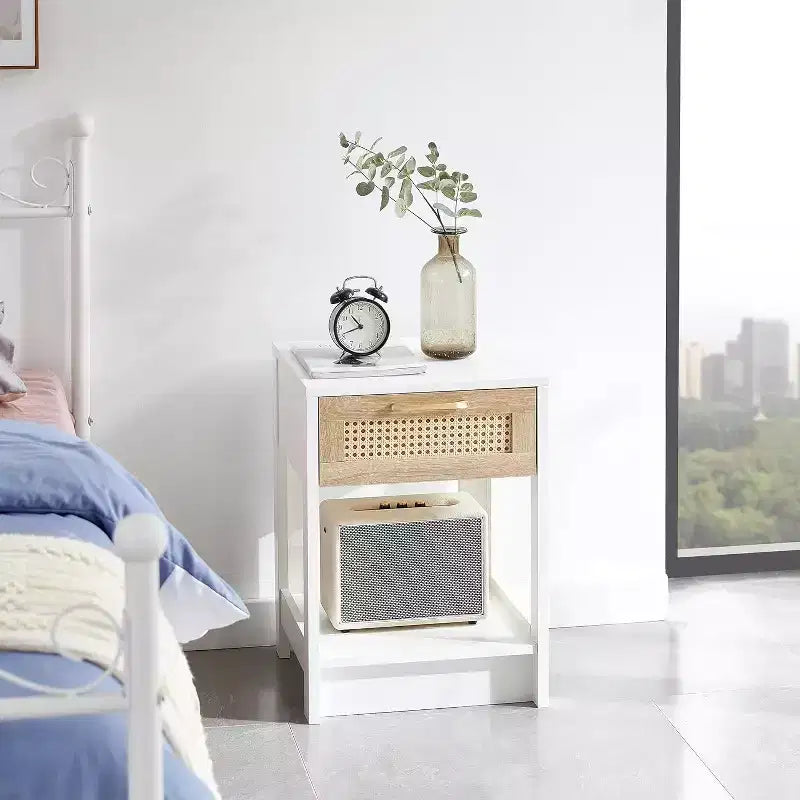 Rattan Nightstand with Lift-Top and Open Storage, Mid Century Modern End Table with Retro Handle for Bedroom and Living Room
