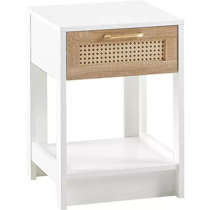 Rattan Nightstand with Lift-Top and Open Storage, Mid Century Modern End Table with Retro Handle for Bedroom and Living Room