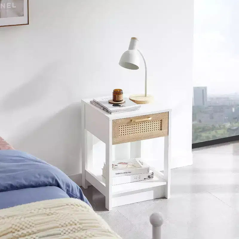 Rattan Nightstand with Lift-Top and Open Storage, Mid Century Modern End Table with Retro Handle for Bedroom and Living Room