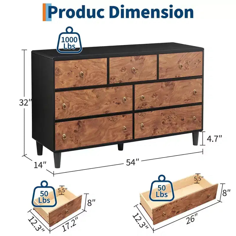 6 Drawers Dresser for Bedroom, 47" Wide Modern Chest of Drawers, Natural Oak