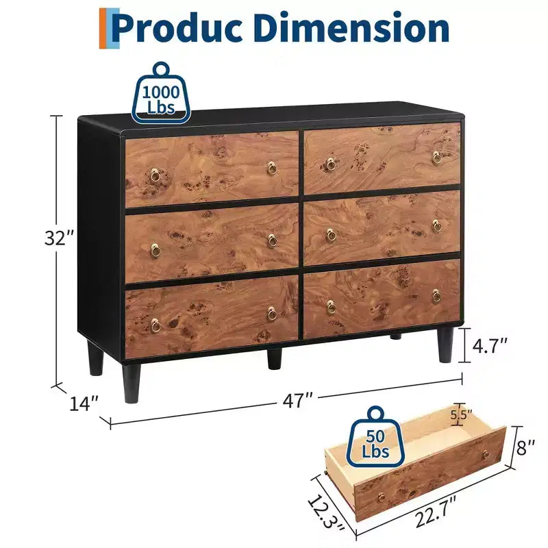 6 Drawers Dresser for Bedroom, 47" Wide Modern Chest of Drawers, Natural Oak