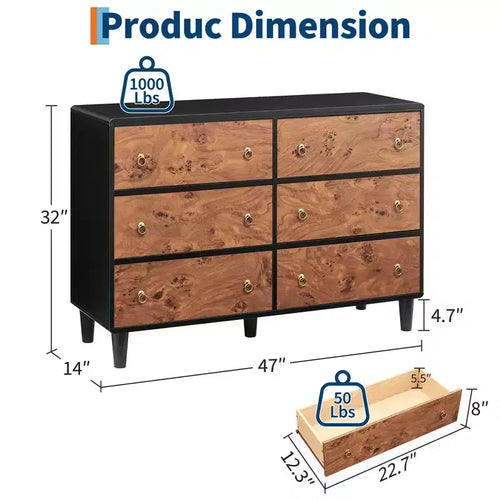 6 Drawers Dresser for Bedroom, 47" Wide Modern Chest of Drawers, Natural Oak
