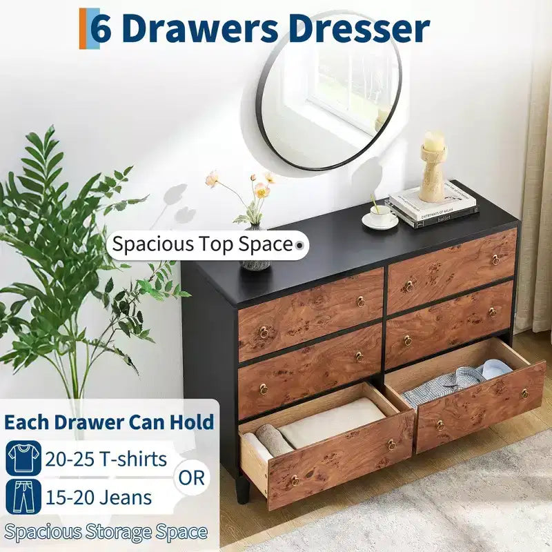6 Drawers Dresser for Bedroom, 47" Wide Modern Chest of Drawers, Natural Oak