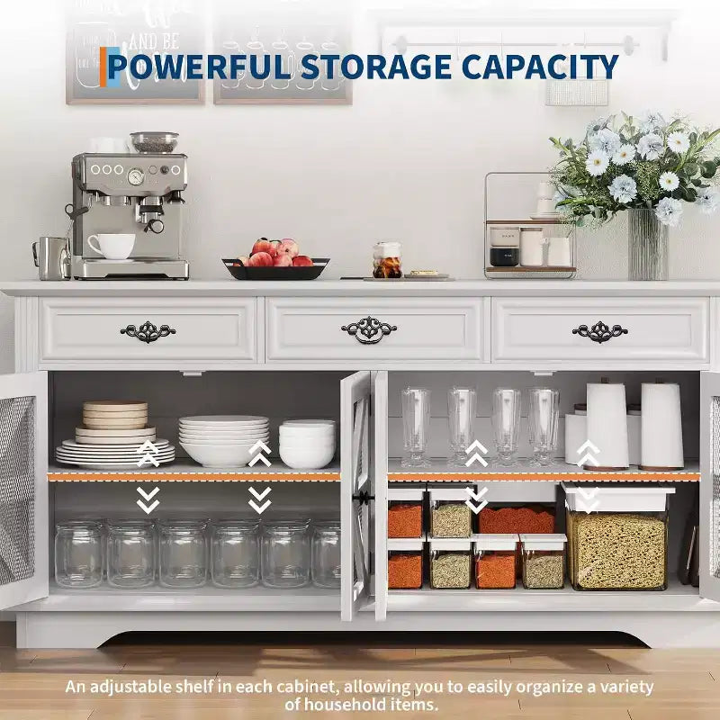 63-Inch Farmhouse Buffet Cabinet with 3 Drawers, 4 Mesh Barn Doors & Charging Station