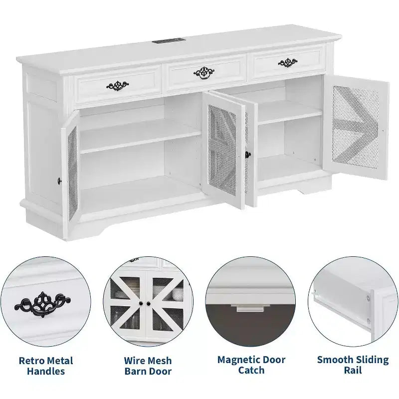 63-Inch Farmhouse Buffet Cabinet with 3 Drawers, 4 Mesh Barn Doors & Charging Station
