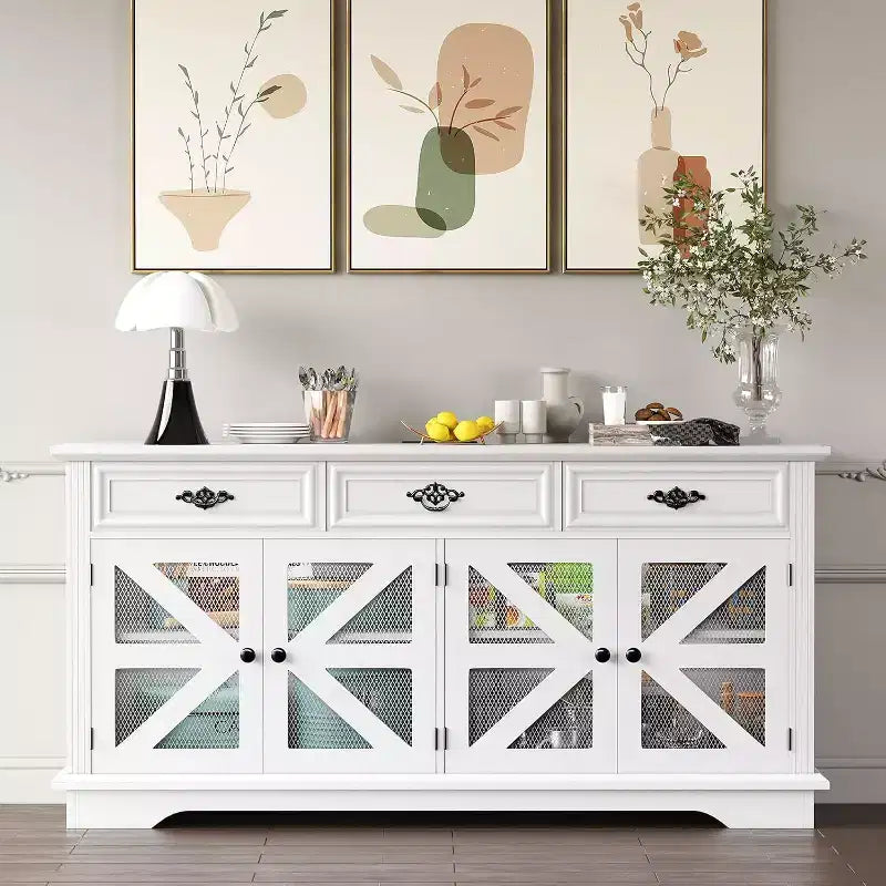 63-Inch Farmhouse Buffet Cabinet with 3 Drawers, 4 Mesh Barn Doors & Charging Station
