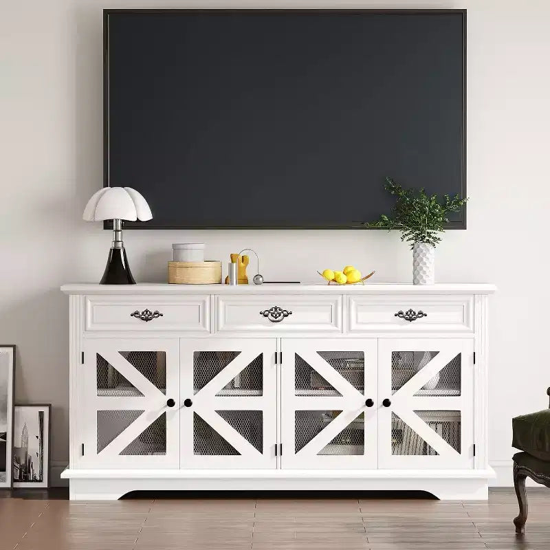 63-Inch Farmhouse Buffet Cabinet with 3 Drawers, 4 Mesh Barn Doors & Charging Station