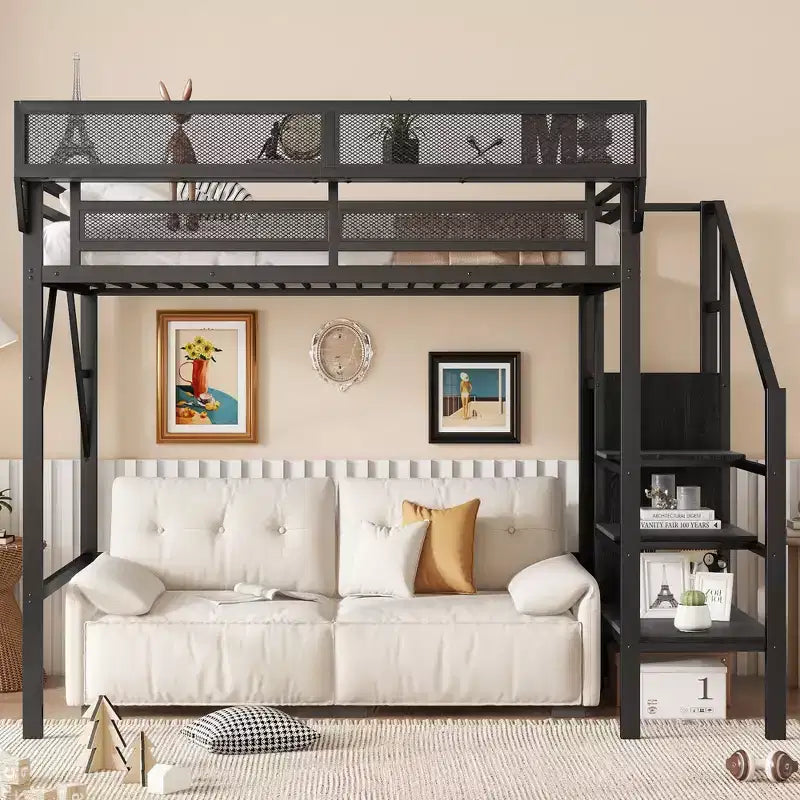 Twin Size Metal Loft Bed with Stairs, Storage Shelves and Wardrobe, Black