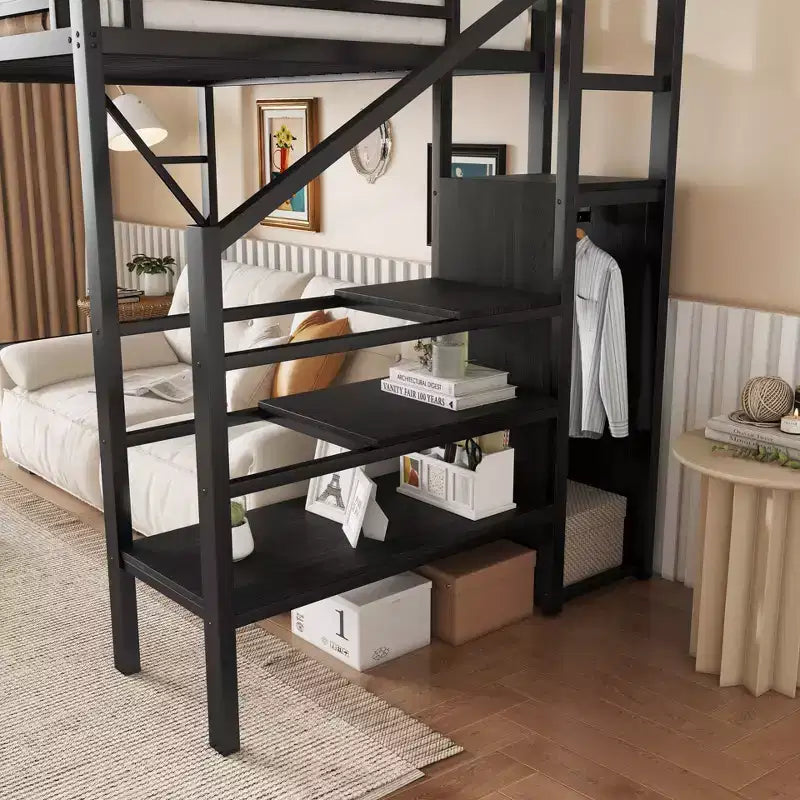 Twin Size Metal Loft Bed with Stairs, Storage Shelves and Wardrobe, Black
