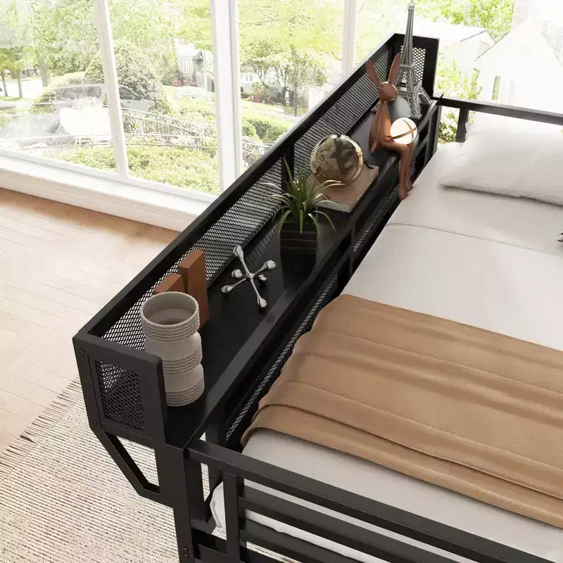 Twin Size Metal Loft Bed with Stairs, Storage Shelves and Wardrobe, Black