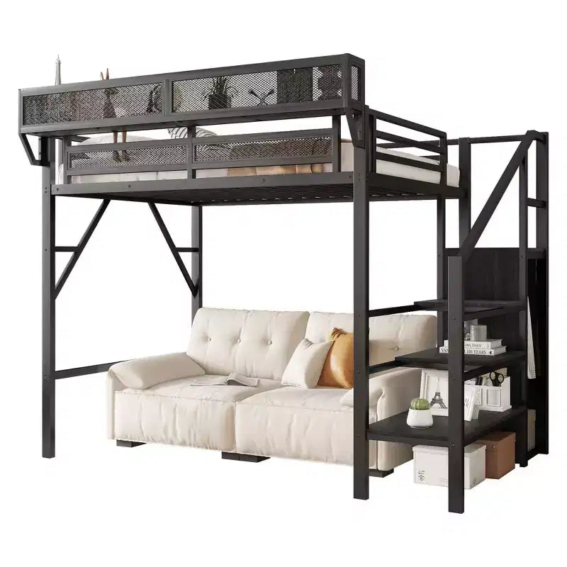 Twin Size Metal Loft Bed with Stairs, Storage Shelves and Wardrobe, Black