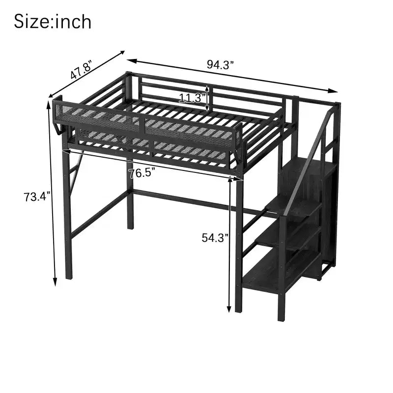 Twin Size Metal Loft Bed with Stairs, Storage Shelves and Wardrobe, Black