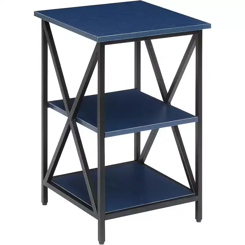Three-Tier End Table with Metal Frame and Open Shelves, Cobalt Blue