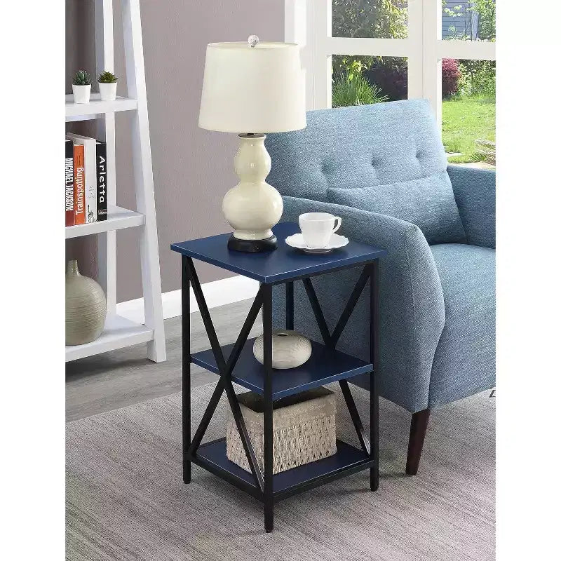 Three-Tier End Table with Metal Frame and Open Shelves, Cobalt Blue