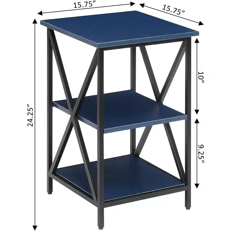 Three-Tier End Table with Metal Frame and Open Shelves, Cobalt Blue