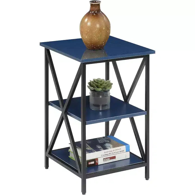 Three-Tier End Table with Metal Frame and Open Shelves, Cobalt Blue