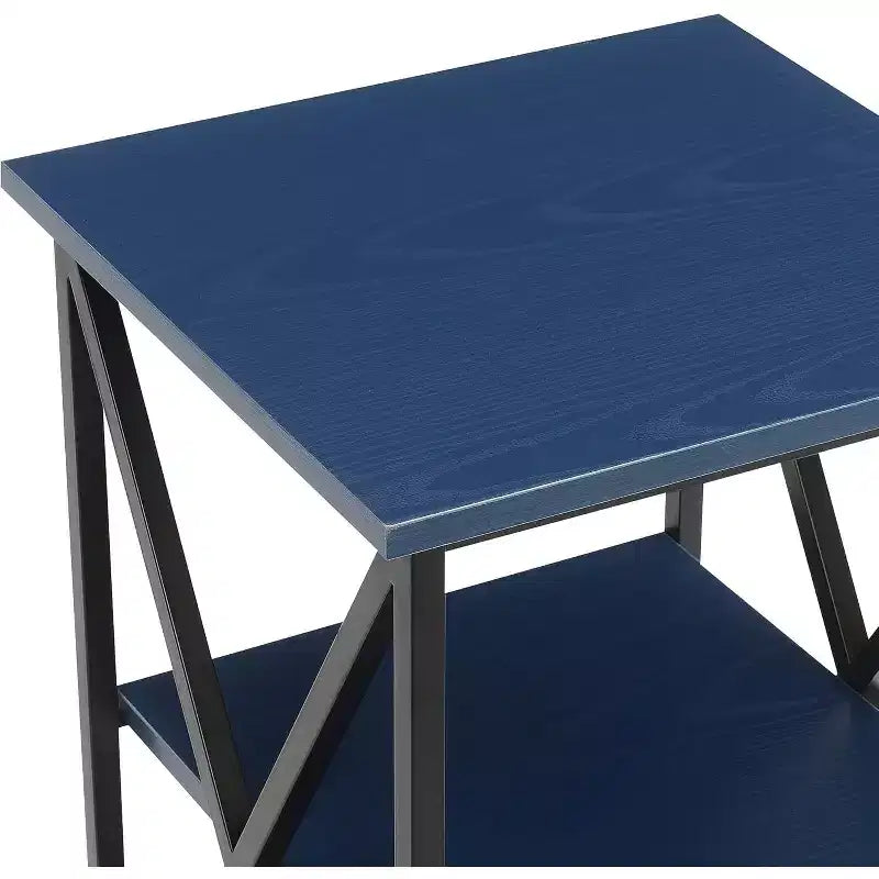 Three-Tier End Table with Metal Frame and Open Shelves, Cobalt Blue