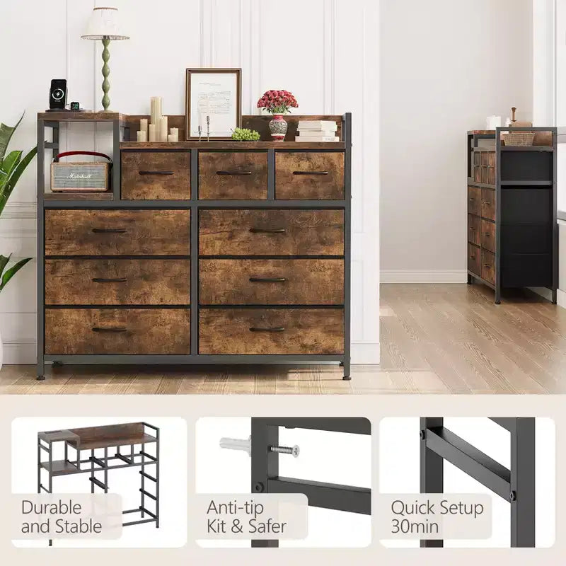 Farmhouse 9 Drawer Dresser with Charging Station for Bedroom, Closet, Living Room