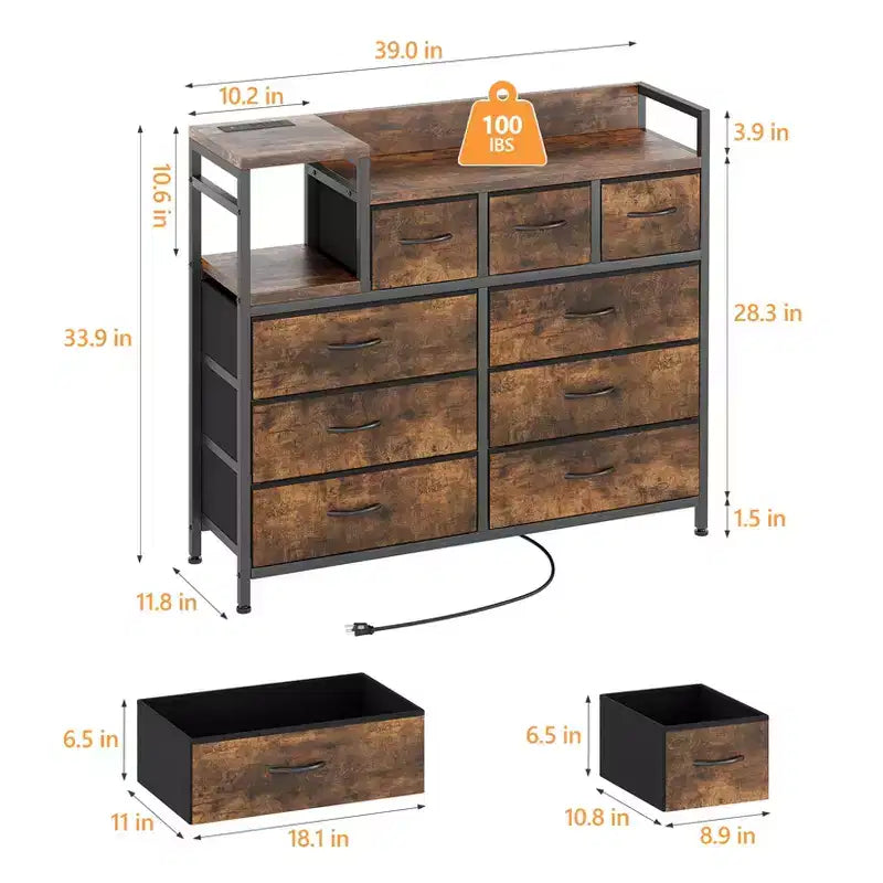 Farmhouse 9 Drawer Dresser with Charging Station for Bedroom, Closet, Living Room