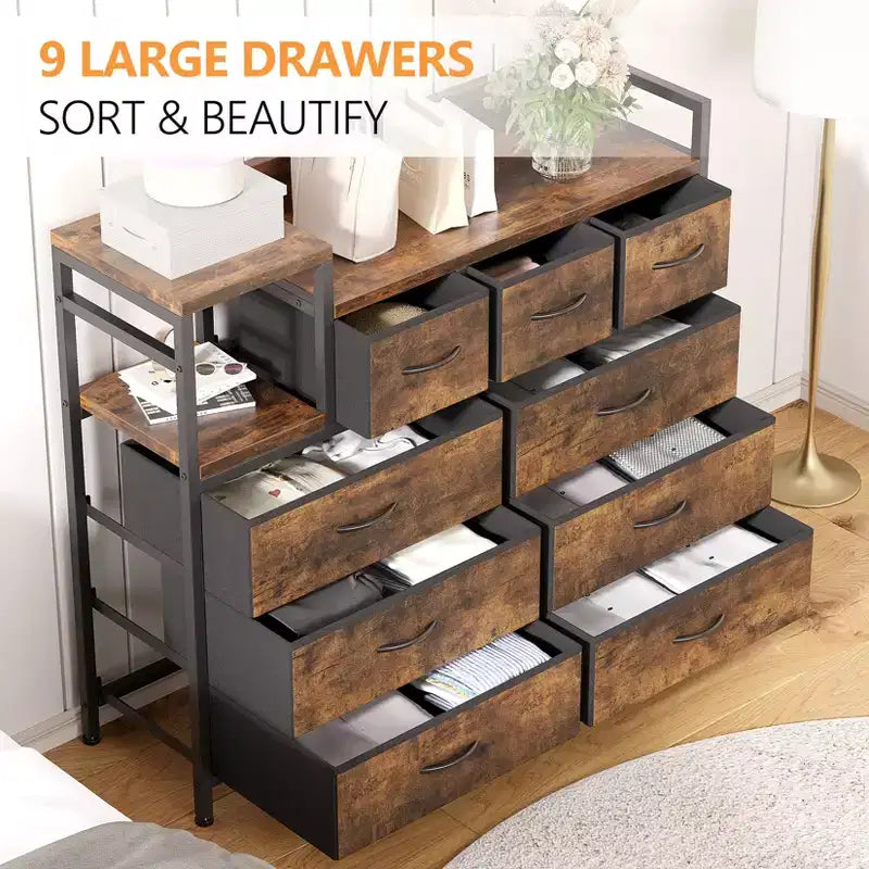 Farmhouse 9 Drawer Dresser with Charging Station for Bedroom, Closet, Living Room