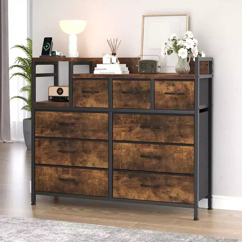 Farmhouse 9 Drawer Dresser with Charging Station for Bedroom, Closet, Living Room