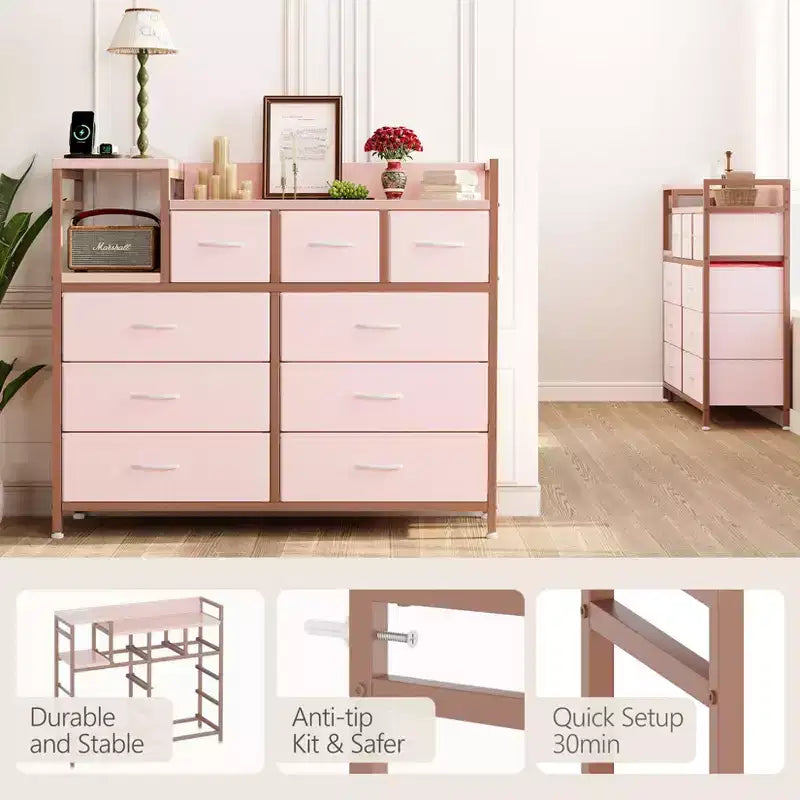 Farmhouse 9 Drawer Dresser with Charging Station for Bedroom, Closet, Living Room