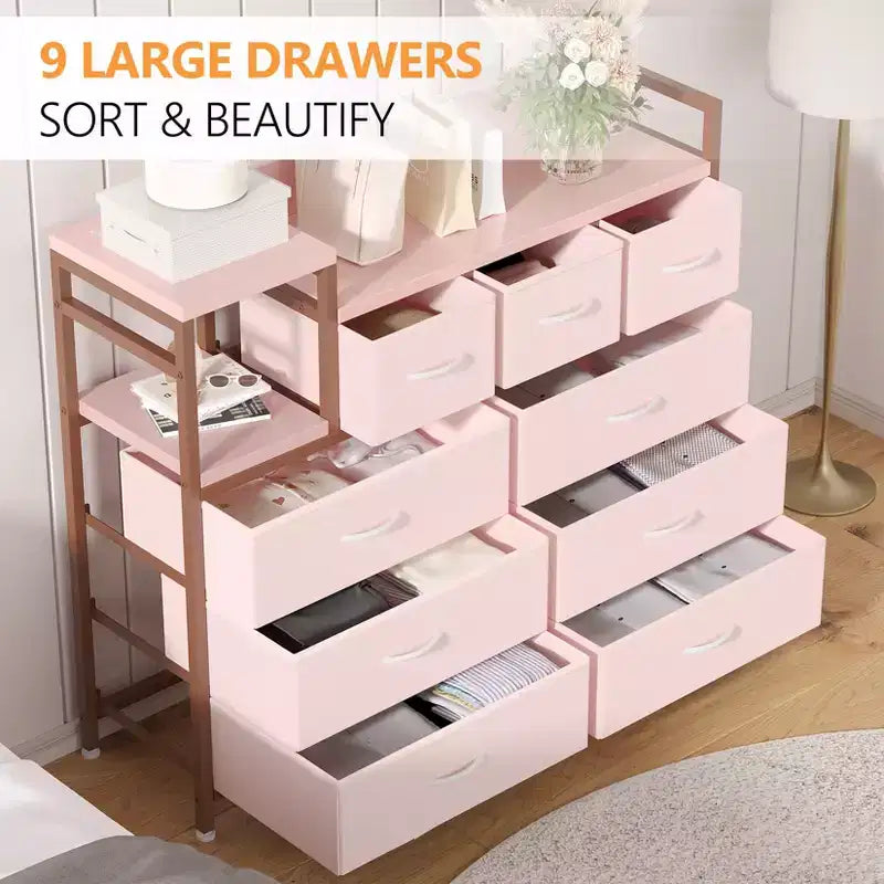 Farmhouse 9 Drawer Dresser with Charging Station for Bedroom, Closet, Living Room
