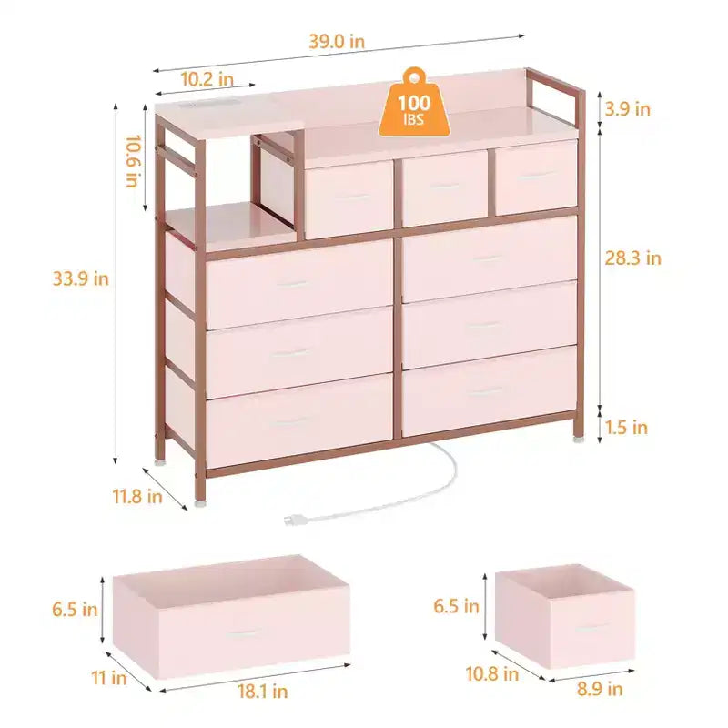 Farmhouse 9 Drawer Dresser with Charging Station for Bedroom, Closet, Living Room