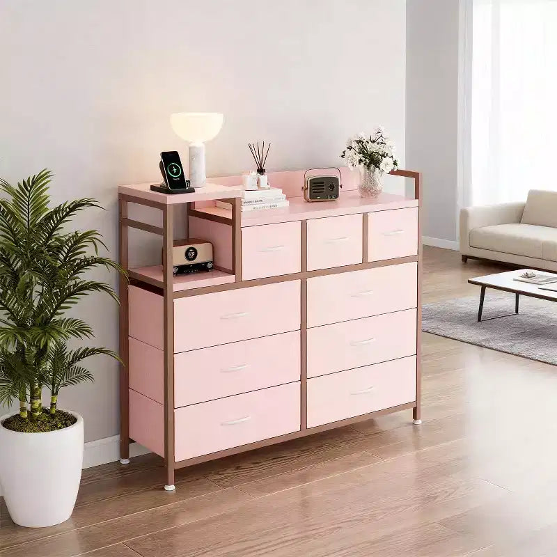 Farmhouse 9 Drawer Dresser with Charging Station for Bedroom, Closet, Living Room