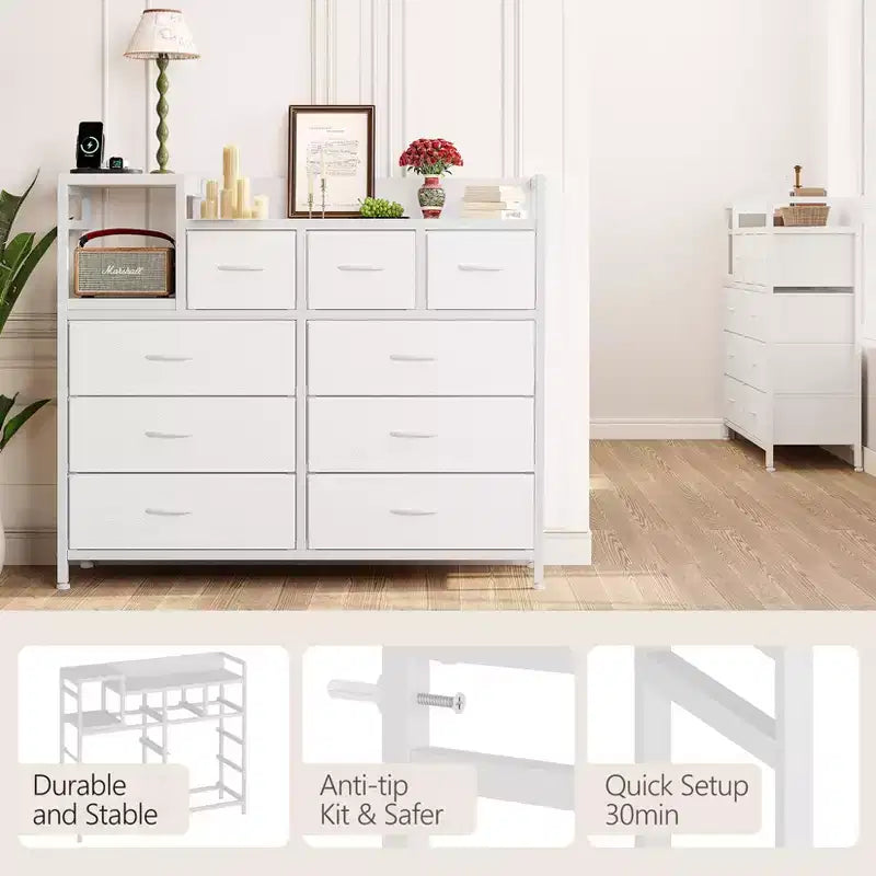Farmhouse 9 Drawer Dresser with Charging Station for Bedroom, Closet, Living Room