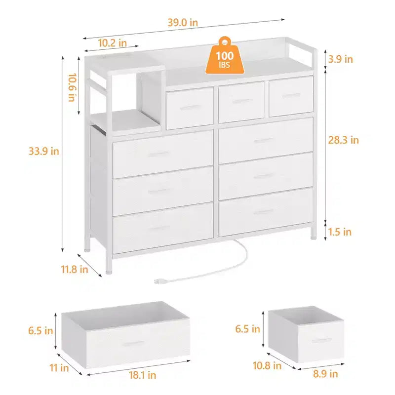 Farmhouse 9 Drawer Dresser with Charging Station for Bedroom, Closet, Living Room