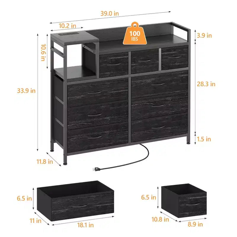 Farmhouse 9 Drawer Dresser with Charging Station for Bedroom, Closet, Living Room