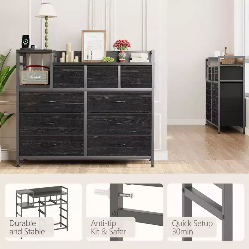 Farmhouse 9 Drawer Dresser with Charging Station for Bedroom, Closet, Living Room