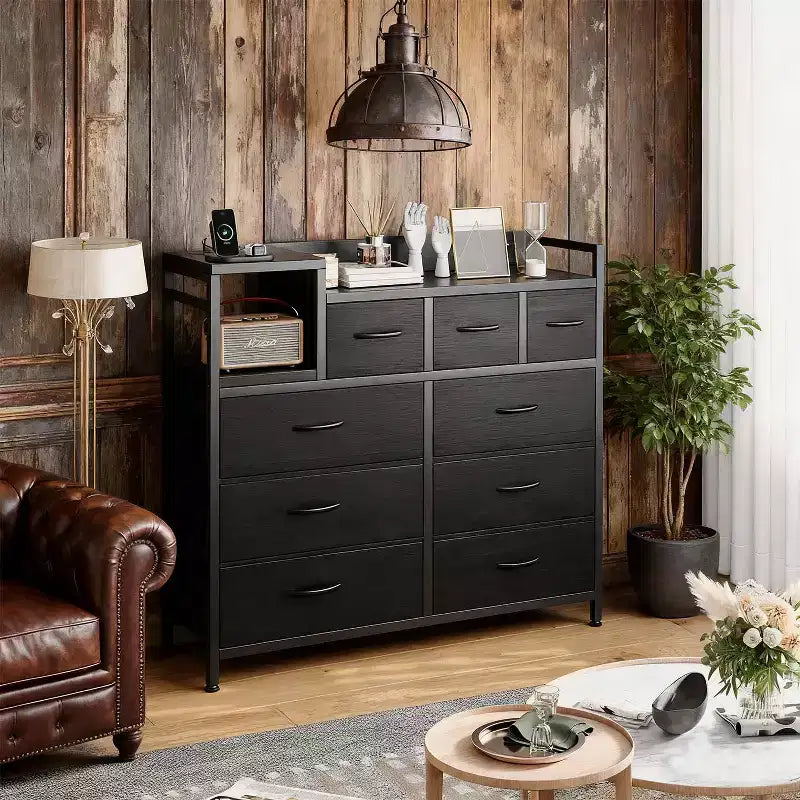 Farmhouse 9 Drawer Dresser with Charging Station for Bedroom, Closet, Living Room