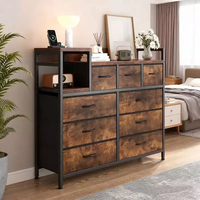 Farmhouse 9 Drawer Dresser with Charging Station for Bedroom, Closet, Living Room