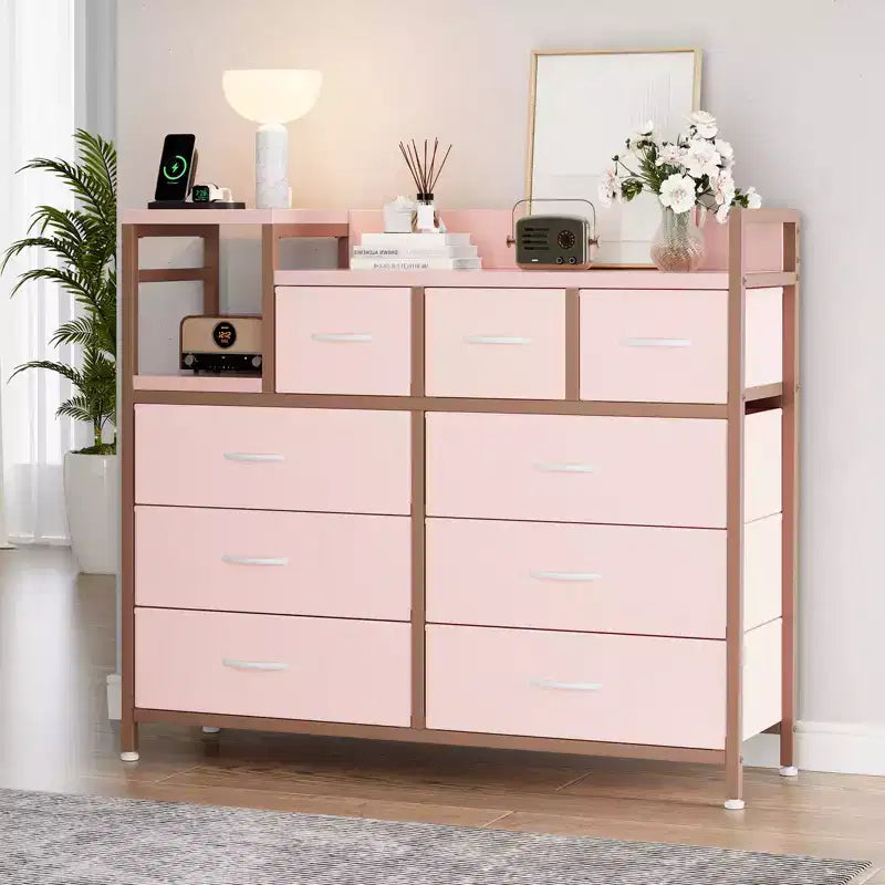 Farmhouse 9 Drawer Dresser with Charging Station for Bedroom, Closet, Living Room