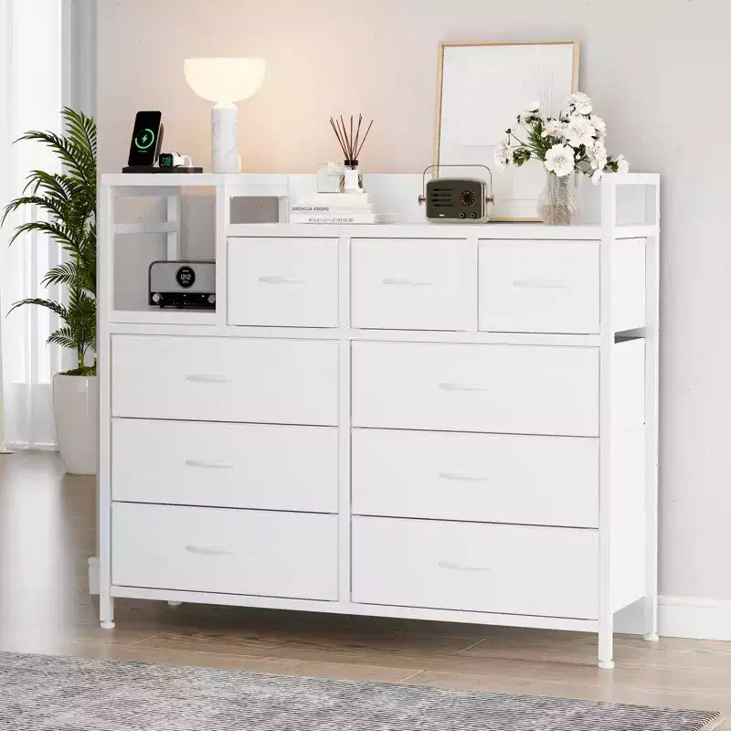 Farmhouse 9 Drawer Dresser with Charging Station for Bedroom, Closet, Living Room