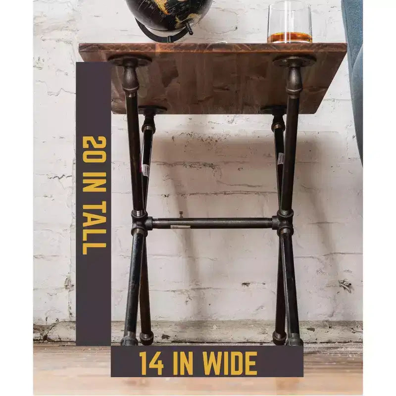 Industrial Criss Cross End Table, Steel Pipe Base with Pine Tabletop