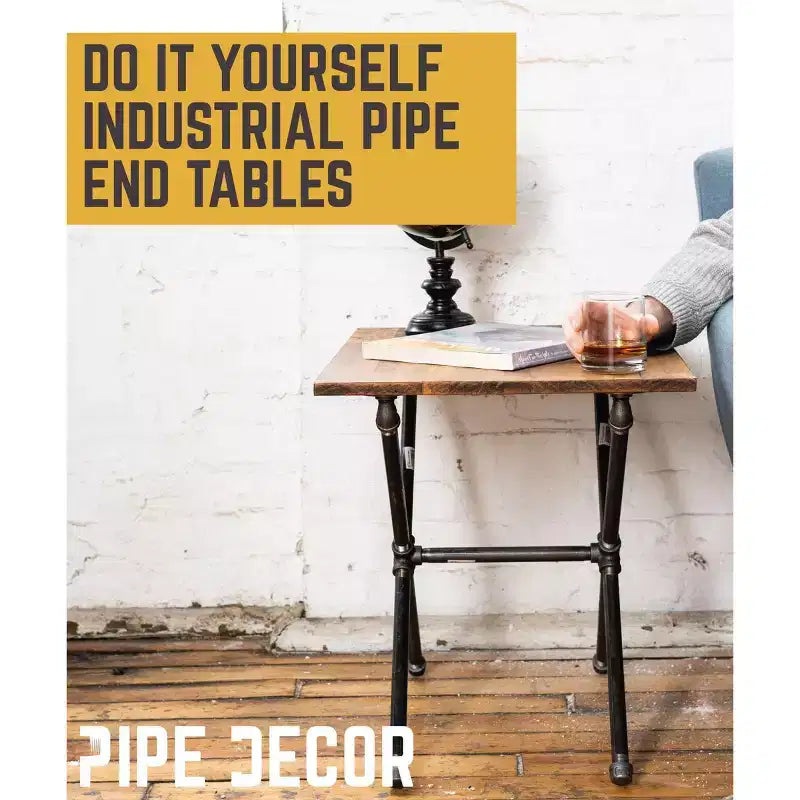 Industrial Criss Cross End Table, Steel Pipe Base with Pine Tabletop