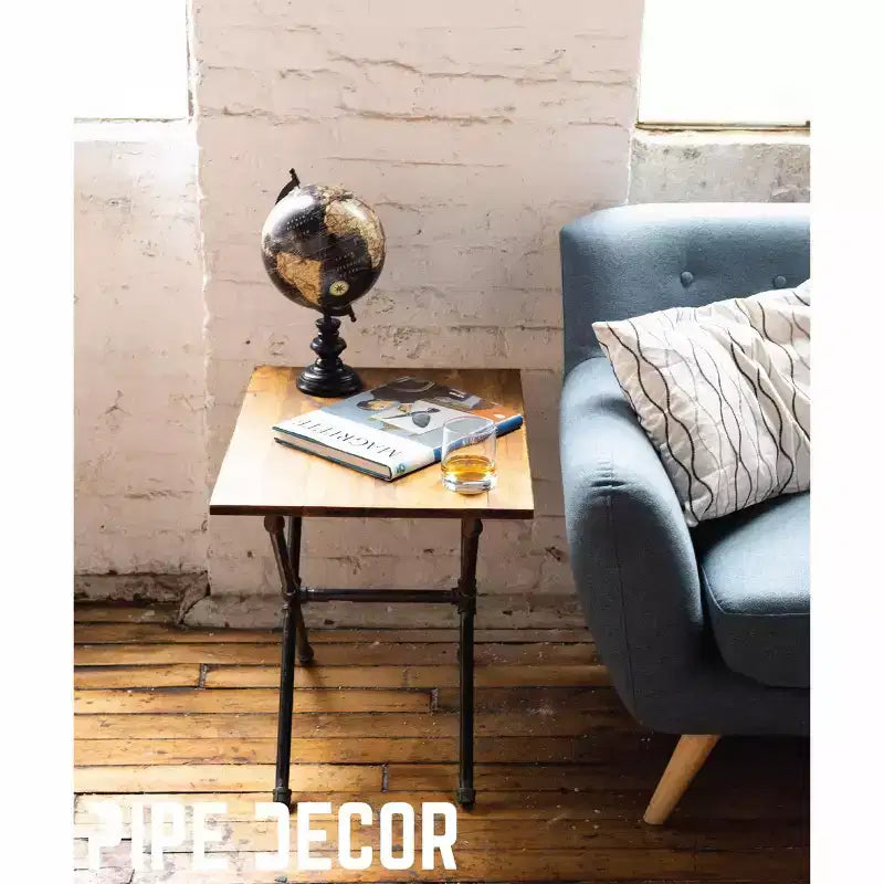 Industrial Criss Cross End Table, Steel Pipe Base with Pine Tabletop