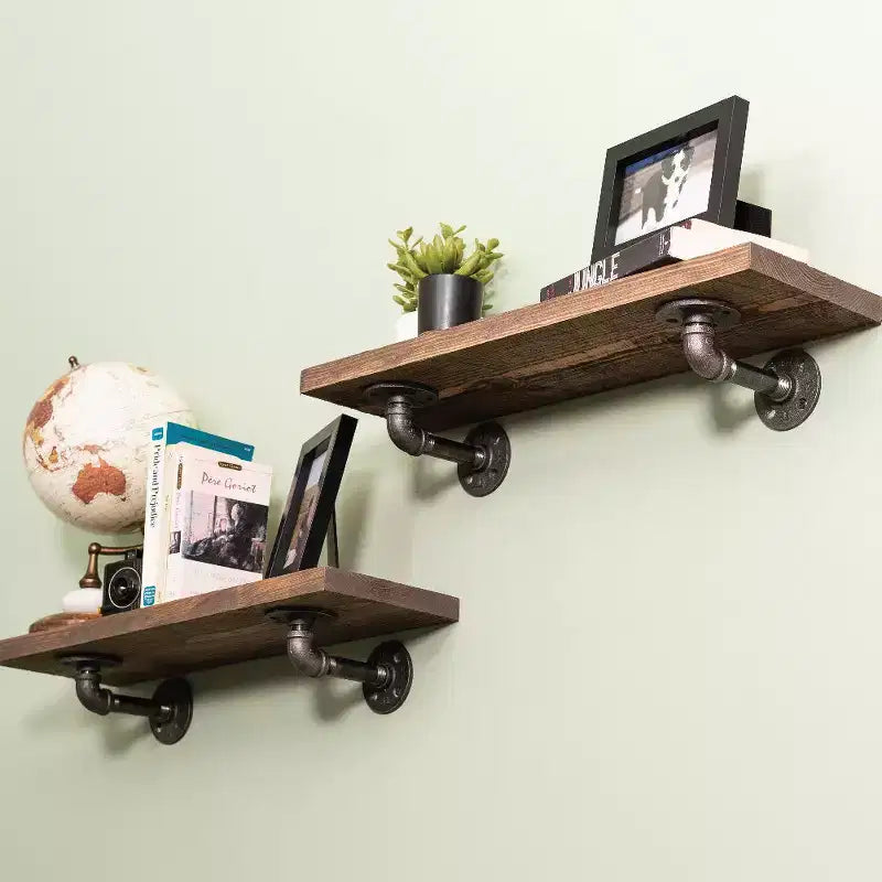 Industrial Pipe & Wood Wall Shelves, Sunset Brown, 24-Inch, Set of 2 with L-Shaped Brackets