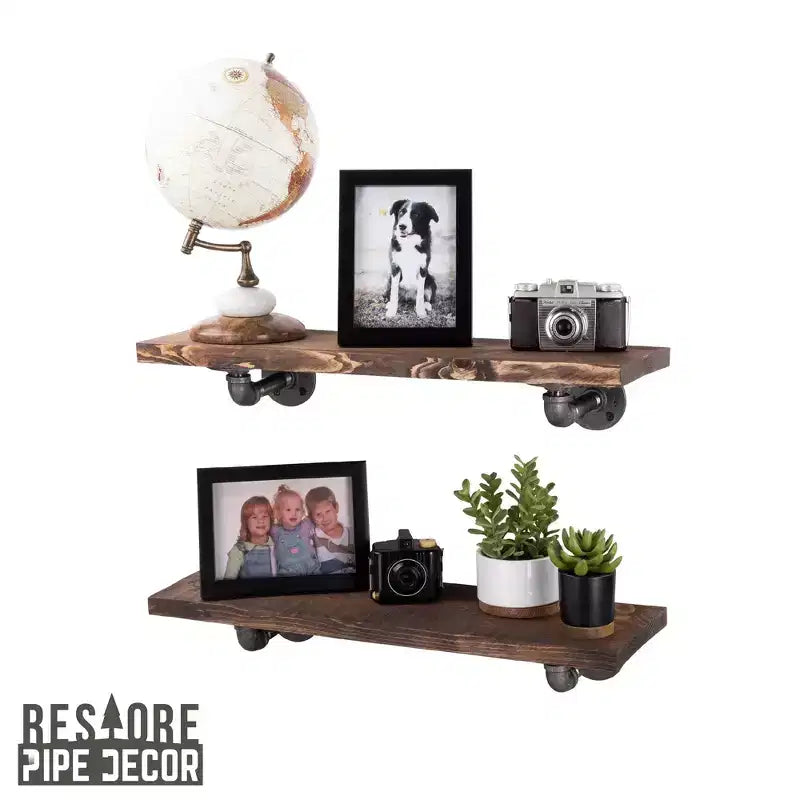 Industrial Pipe & Wood Wall Shelves, Sunset Brown, 24-Inch, Set of 2 with L-Shaped Brackets