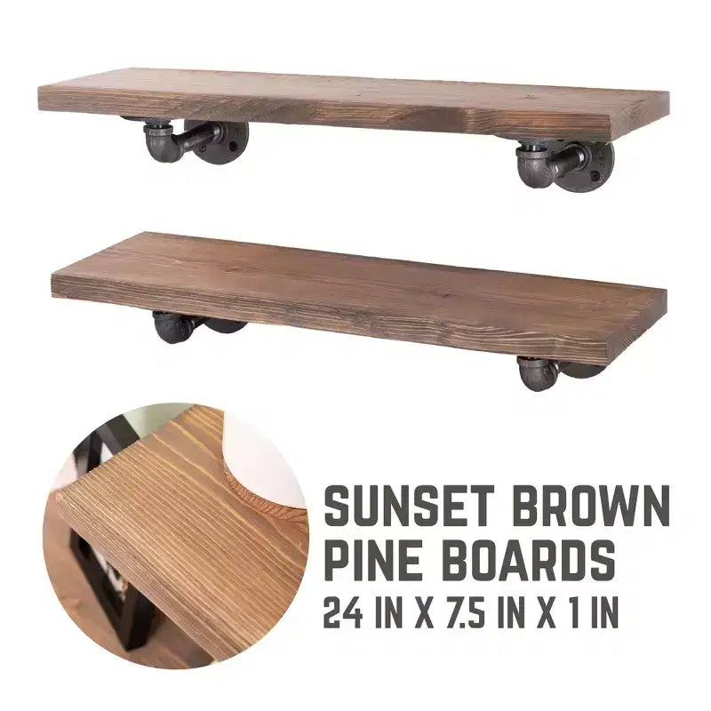 Industrial Pipe & Wood Wall Shelves, Sunset Brown, 24-Inch, Set of 2 with L-Shaped Brackets