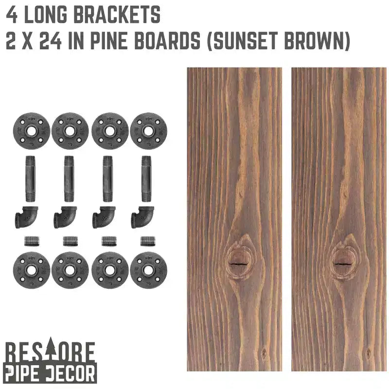 Industrial Pipe & Wood Wall Shelves, Sunset Brown, 24-Inch, Set of 2 with L-Shaped Brackets