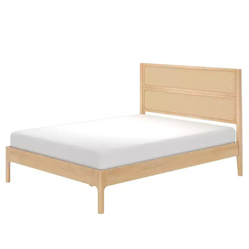 Rattan Queen Bed Frame with Solid Pine Wood, No Box Spring Needed