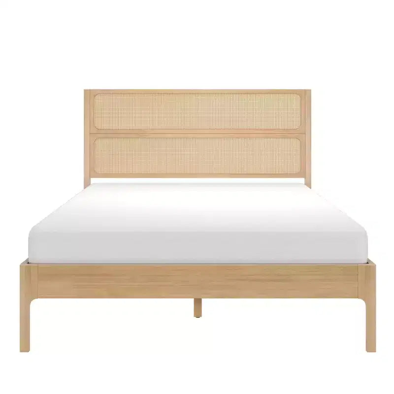 Rattan Queen Bed Frame with Solid Pine Wood, No Box Spring Needed