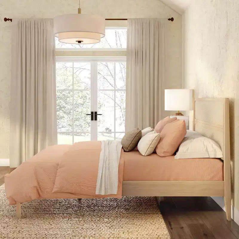 Rattan Queen Bed Frame with Solid Pine Wood, No Box Spring Needed